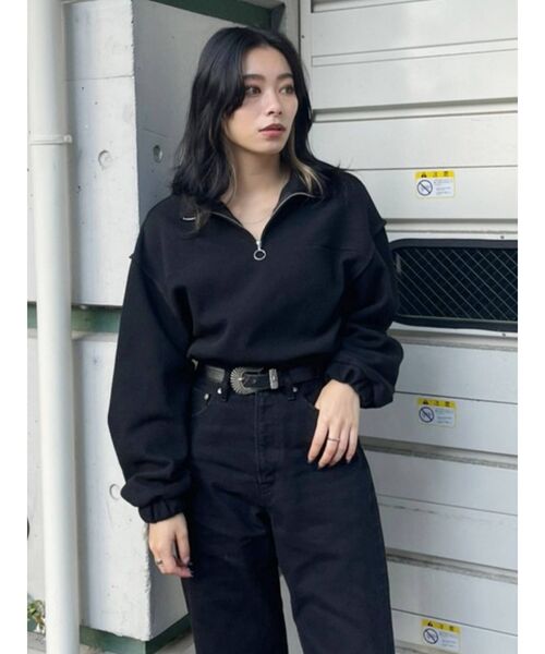 EVRIS（エヴリス）の「ハーフジップワッフルスウェットTOPS（スウェット・レディース・ブラック/グリーン/アイボリー・FREE）」の5枚目の写真