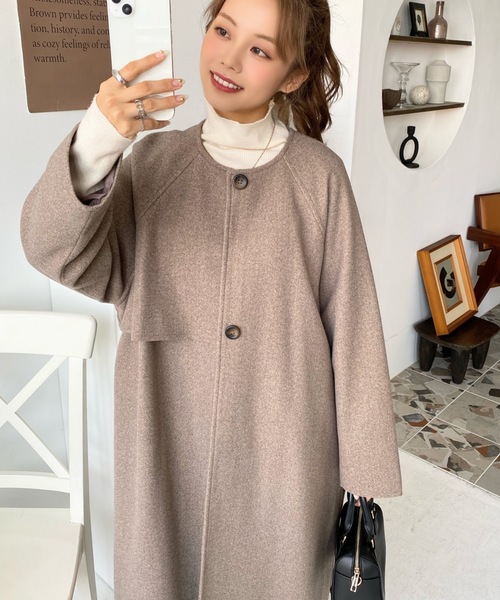 moment+（モーメントプラス）の「杢ライトニットメルトンノーカラーケープコート（ノーカラーコート・レディース・チャコールグレー/ブラック/グレー系その他/モカ/グリーン/アイボリー/ベージュ/ホワイト系その他/ブラウン系その他/ベージュ系その他・S/M/L）」の14枚目の写真