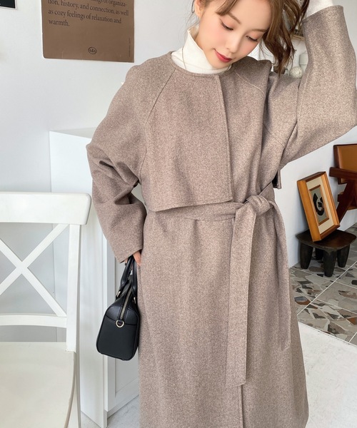 moment+（モーメントプラス）の「杢ライトニットメルトンノーカラーケープコート（ノーカラーコート・レディース・チャコールグレー/ブラック/グレー系その他/モカ/グリーン/アイボリー/ベージュ/ホワイト系その他/ブラウン系その他/ベージュ系その他・S/M/L）」の12枚目の写真