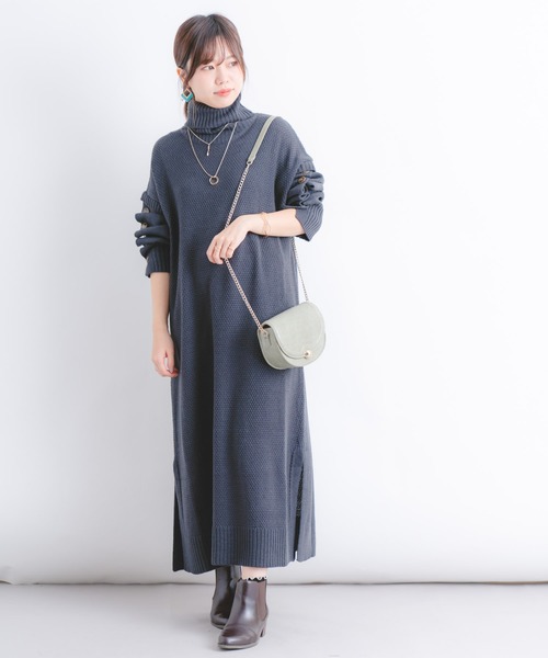 Wordtrobe（ワードトローブ）の「【wordtrobe】アクリルバルキー 袖下ボタンあき タートルネック ニットワンピース（ワンピース・レディース・チャコールグレー/ベージュ/カーキ・FREE）」の11枚目の写真