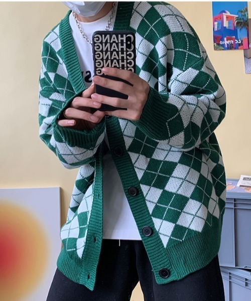 ルーズシルエットアーガイルチェックカーディガン（カーディガン