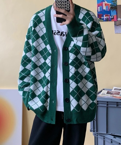 ルーズシルエットアーガイルチェックカーディガン（カーディガン