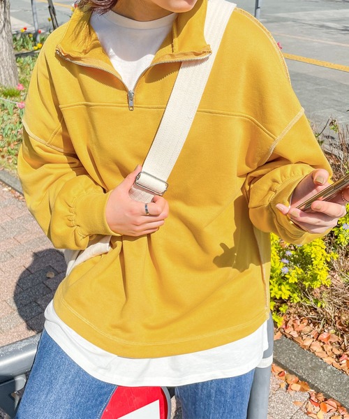 PairPair（ペアペア）の「配色ステッチハーフジッププルオーバー(ユニセックス)（スウェット・レディース・マスタード/オートミール/ブルー系その他・フリー）」の3枚目の写真