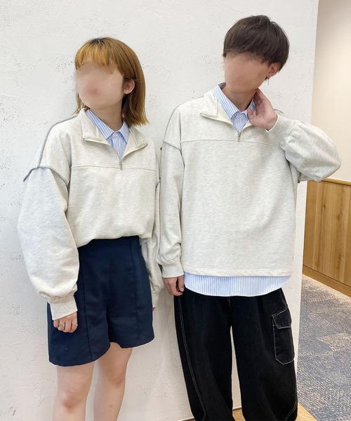 PairPair（ペアペア）の「配色ステッチハーフジッププルオーバー(ユニセックス)（スウェット・レディース・マスタード/オートミール/ブルー系その他・フリー）」の5枚目の写真