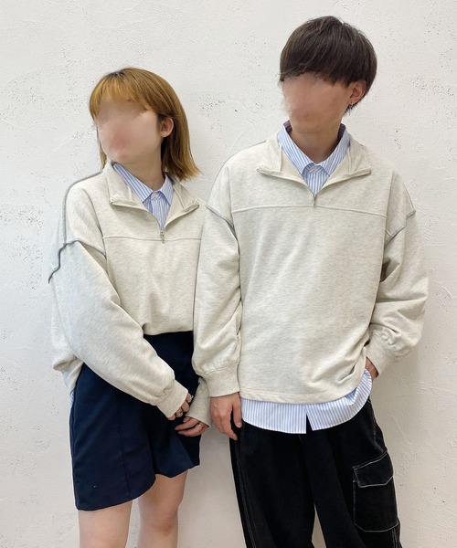 PairPair（ペアペア）の「配色ステッチハーフジッププルオーバー(ユニセックス)（スウェット・レディース・マスタード/オートミール/ブルー系その他・フリー）」の6枚目の写真