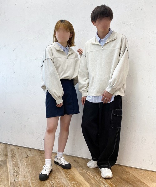 PairPair（ペアペア）の「配色ステッチハーフジッププルオーバー(ユニセックス)（スウェット・レディース・マスタード/オートミール/ブルー系その他・フリー）」の4枚目の写真