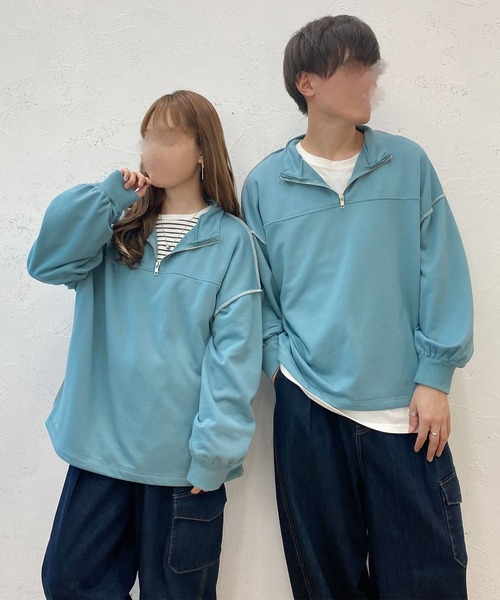 PairPair（ペアペア）の「配色ステッチハーフジッププルオーバー(ユニセックス)（スウェット・レディース・マスタード/オートミール/ブルー系その他・フリー）」の21枚目の写真