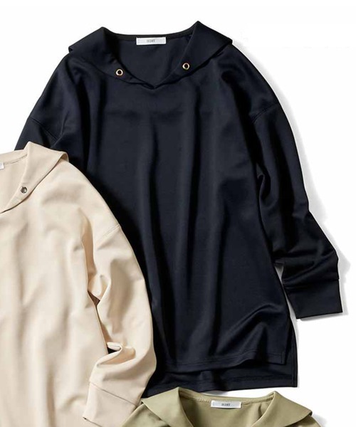 IEDIT(イディット)の「IEDIT セーラーカラーで顔まわり華やぐ とろぷるダンボールカットソーのロングプルオーバー(Tシャツ/カットソー・レディース・ベージュ/カーキ/ダークネイビー・MEDIUM/LARGE/X-LARGE/XX-LARGE)」の3枚目の写真