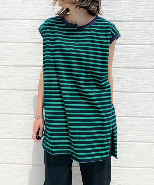 Q（キュー）の「ラウンドヘムボーダーハギフレンチT（Tシャツ/カットソー・レディース・ホワイト系その他/グリーン系その他/レッド系その他・MEDIUM）」の3枚目の写真