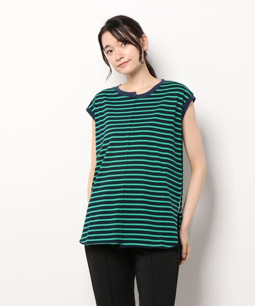 Q（キュー）の「ラウンドヘムボーダーハギフレンチT（Tシャツ/カットソー・レディース・ホワイト系その他/グリーン系その他/レッド系その他・MEDIUM）」の6枚目の写真