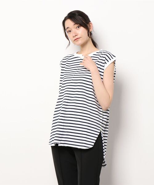 Q（キュー）の「ラウンドヘムボーダーハギフレンチT（Tシャツ/カットソー・レディース・ホワイト系その他/グリーン系その他/レッド系その他・MEDIUM）」の8枚目の写真