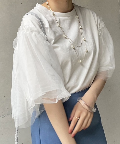 Thevon(ゼボン)の「チュールスリーブTシャツ(Tシャツ/カットソー・レディース・ブラック/オフホワイト/グリーン・FREE)」の1枚目の写真