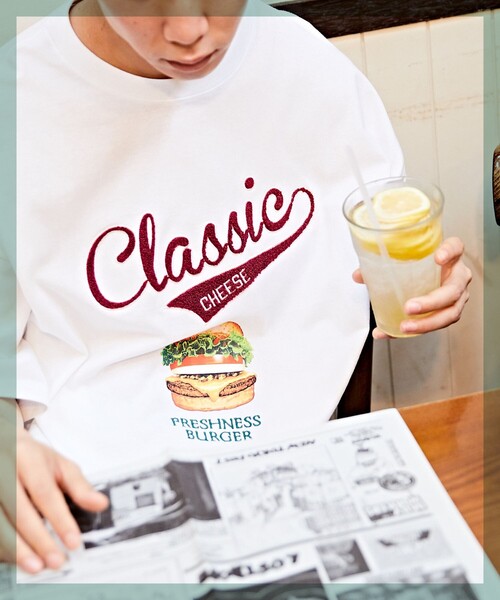 FREAK'S STORE（フリークスストア）の「WEB限定 FRESHNESS BURGER×FREAK'S STORE/フレッシュネスバーガー 別注 ビッグシルエット サガラ刺繍 プリントTシャツ（Tシャツ/カットソー・メンズ・グリーン/ホワイト・MEDIUM/LARGE/SMALL）」の4枚目の写真