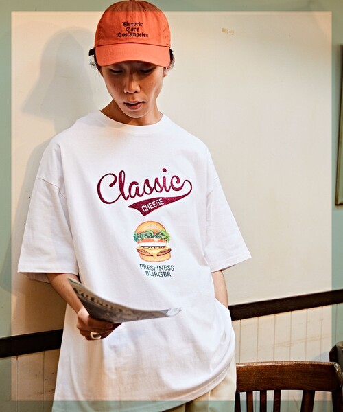 FREAK'S STORE（フリークスストア）の「WEB限定 FRESHNESS BURGER×FREAK'S STORE/フレッシュネスバーガー 別注 ビッグシルエット サガラ刺繍 プリントTシャツ（Tシャツ/カットソー・メンズ・グリーン/ホワイト・MEDIUM/LARGE/SMALL）」の15枚目の写真