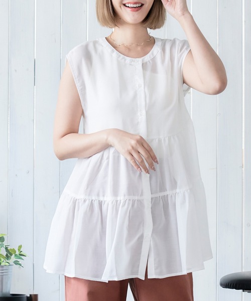 anown（アノン）の「ティアードチュニック　シアーシャツ シア―ブラウス ノースリーブ フレンチ袖 チュニックシャツ ティアード シアー 前後2way きれいめ（シャツ/ブラウス・レディース・ブラック/オフホワイト/ライトグリーン/ライトベージュ・M）」の2枚目の写真