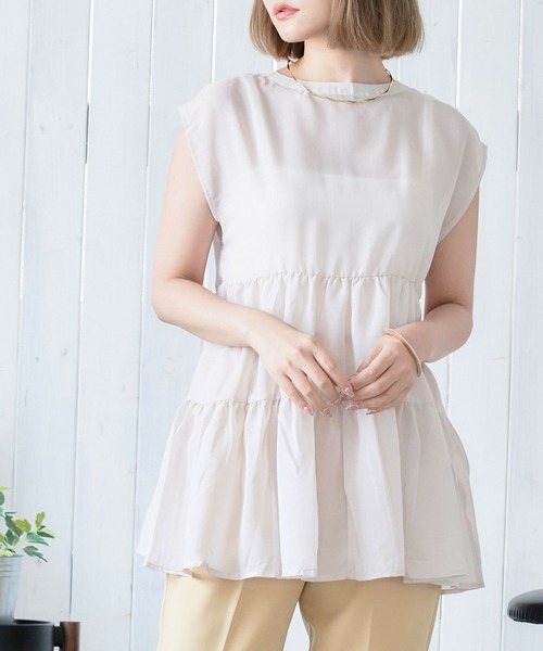 anown（アノン）の「ティアードチュニック　シアーシャツ シア―ブラウス ノースリーブ フレンチ袖 チュニックシャツ ティアード シアー 前後2way きれいめ（シャツ/ブラウス・レディース・ブラック/オフホワイト/ライトグリーン/ライトベージュ・M）」の3枚目の写真