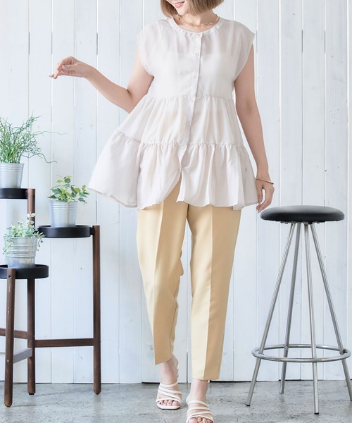 anown（アノン）の「ティアードチュニック　シアーシャツ シア―ブラウス ノースリーブ フレンチ袖 チュニックシャツ ティアード シアー 前後2way きれいめ（シャツ/ブラウス・レディース・ブラック/オフホワイト/ライトグリーン/ライトベージュ・M）」の15枚目の写真