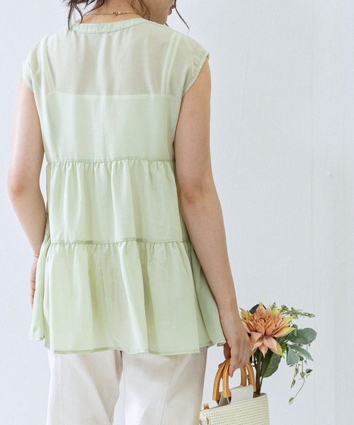 anown（アノン）の「ティアードチュニック　シアーシャツ シア―ブラウス ノースリーブ フレンチ袖 チュニックシャツ ティアード シアー 前後2way きれいめ（シャツ/ブラウス・レディース・ブラック/オフホワイト/ライトグリーン/ライトベージュ・M）」の11枚目の写真