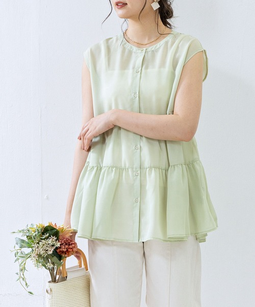 anown（アノン）の「ティアードチュニック　シアーシャツ シア―ブラウス ノースリーブ フレンチ袖 チュニックシャツ ティアード シアー 前後2way きれいめ（シャツ/ブラウス・レディース・ブラック/オフホワイト/ライトグリーン/ライトベージュ・M）」の12枚目の写真