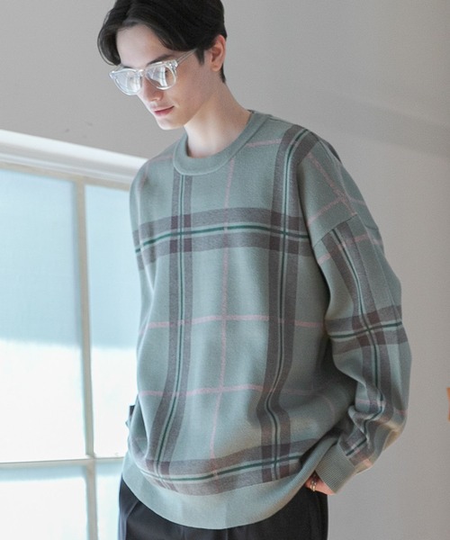 RAGEBLUE(レイジブルー)の「チェック柄ニットクルー(ニット/セーター・メンズ・グレー/ベージュ/グリーン/ネイビー・SMALL/MEDIUM/LARGE)」の14枚目の写真