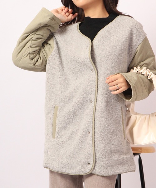 A.N.L（エーエヌエル　レーベル）の「A.N.L ボア切替リバーシブルジャケット（ノーカラージャケット・レディース・ベージュ/グレイッシュベージュ・38）」の2枚目の写真