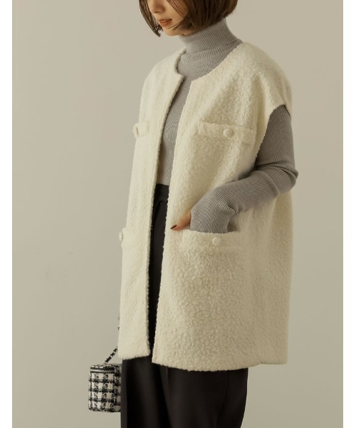 Re:EDIT（リエディ）の「[低身長サイズ有]ループツイードブークレノーカラーボアベスト（ノーカラージャケット・レディース・ベージュ/アイボリー/ブラック・SHORT/MEDIUM/LARGE）」の21枚目の写真