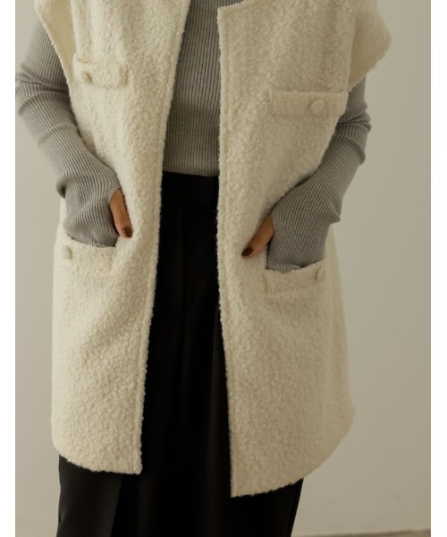 Re:EDIT（リエディ）の「[低身長サイズ有]ループツイードブークレノーカラーボアベスト（ノーカラージャケット・レディース・ベージュ/アイボリー/ブラック・SHORT/MEDIUM/LARGE）」の19枚目の写真