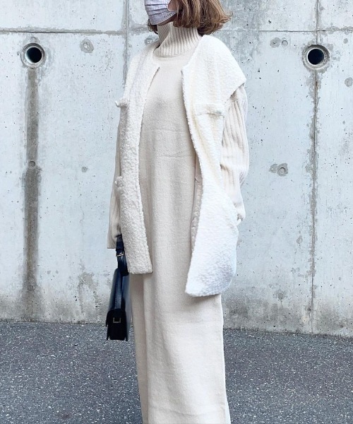 低身長サイズ有]ループツイードブークレノーカラーボアベスト（ノー