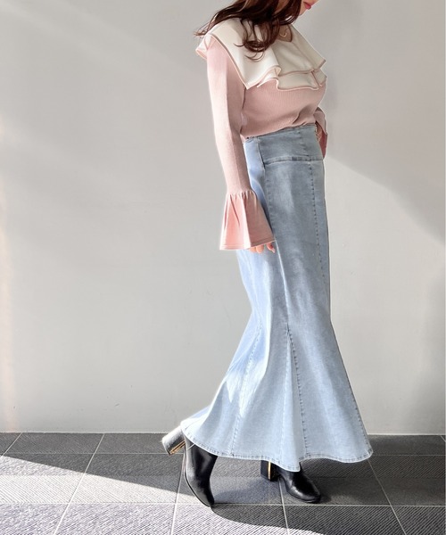 NOMAE(ノーマエ)の「FRONTジップデニムマーメイドスカート(スカート・レディース・ダークブルー/ブルー/ライトブルー・FREE)」の6枚目の写真