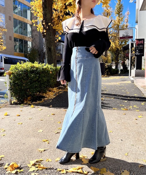 NOMAE(ノーマエ)の「FRONTジップデニムマーメイドスカート(スカート・レディース・ダークブルー/ブルー/ライトブルー・FREE)」の17枚目の写真