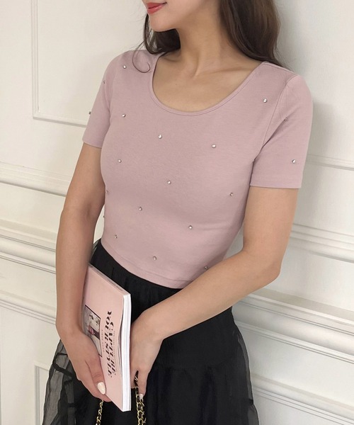 ROYAL PARTY(ロイヤルパーティー)の「キラキラビジューTシャツ(Tシャツ/カットソー・レディース・ピンク/ブラック/オフホワイト・FREE)」の7枚目の写真