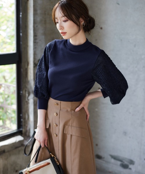 Andemiu(アンデミュウ)の「10thレーススリーブニット7分袖971860(ニット/セーター・レディース・ダークブラウン/ベージュ/ブルー系その他/ネイビー/アイボリー/レッド系その他/ブラック/グレー/グリーン/オレンジ・FREE)」の7枚目の写真