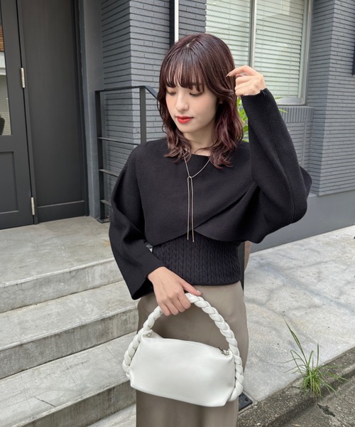 mellowneon（メロウネオン）の「カシュクールニット＆ケーブルニットキャミセット（ニット/セーター・レディース・ベージュ/ブラック・FREE）」の14枚目の写真