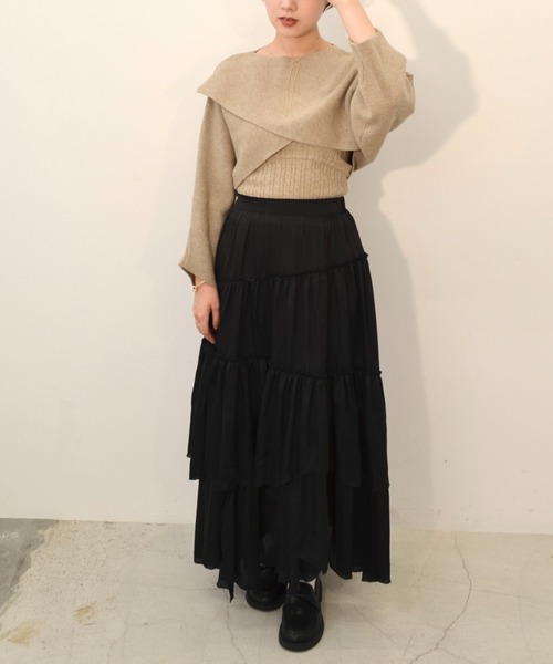 mellowneon（メロウネオン）の「カシュクールニット＆ケーブルニットキャミセット（ニット/セーター・レディース・ベージュ/ブラック・FREE）」の3枚目の写真