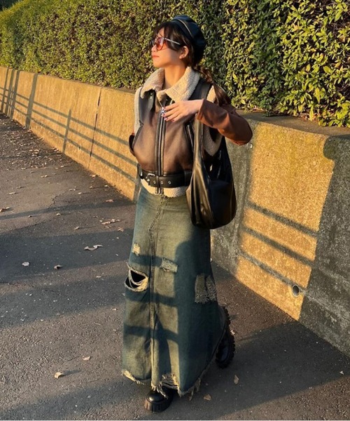 セール】Crash Damage Denim Skirt / クラッシュダメージデニム