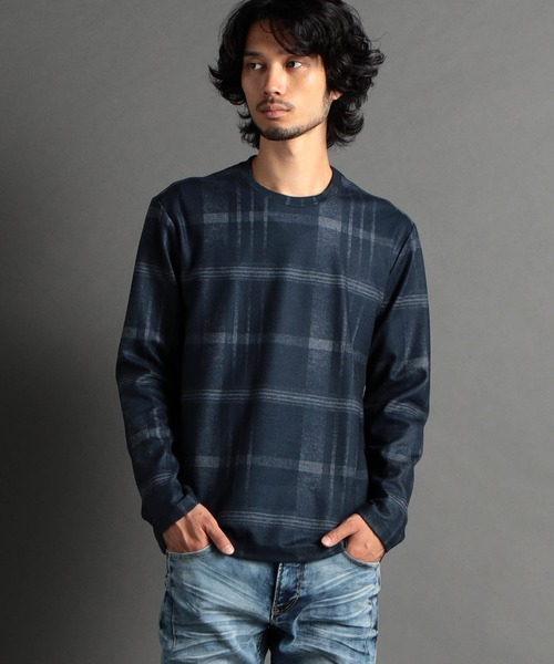 HIDEAWAYS NICOLE(ハイダウェイニコル)の「起毛チェックプリントクルーネックプルオーバー(Tシャツ/カットソー・メンズ・ブラック/グレイッシュベージュ/ボルドー/ネイビー・LARGE/MEDIUM/X-LARGE)」の4枚目の写真