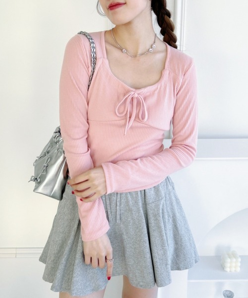 Loueme(ルエム)の「フロントリボンコルセットリブトップス(Tシャツ/カットソー・レディース・グレー/ホワイト/アイボリー/ピンク・FREE)」の4枚目の写真