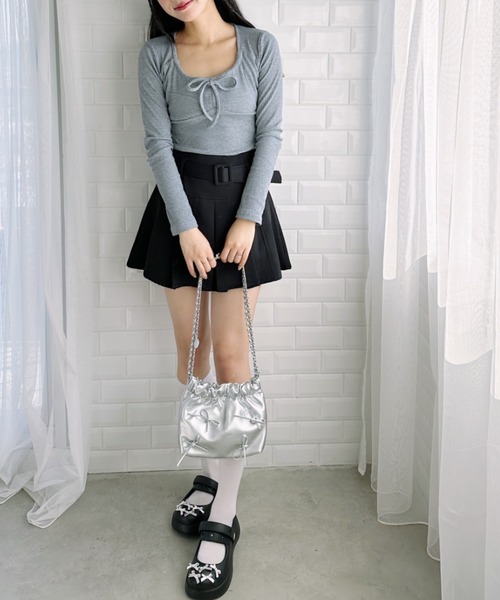 Loueme(ルエム)の「フロントリボンコルセットリブトップス(Tシャツ/カットソー・レディース・グレー/ホワイト/アイボリー/ピンク・FREE)」の8枚目の写真