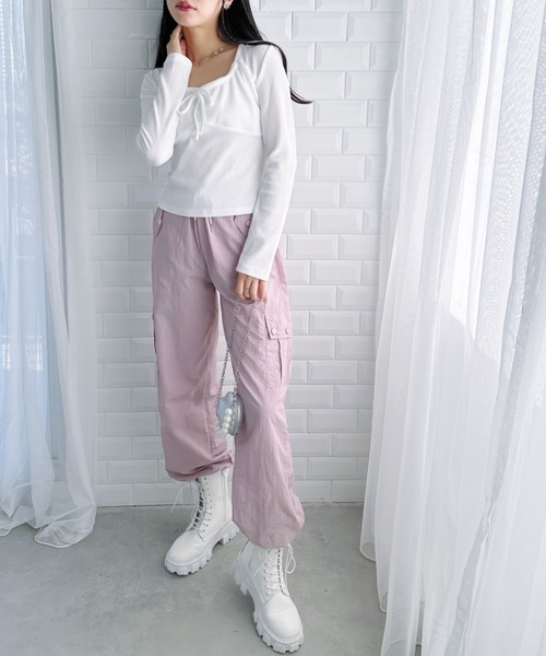 Loueme(ルエム)の「フロントリボンコルセットリブトップス(Tシャツ/カットソー・レディース・グレー/ホワイト/アイボリー/ピンク・FREE)」の13枚目の写真
