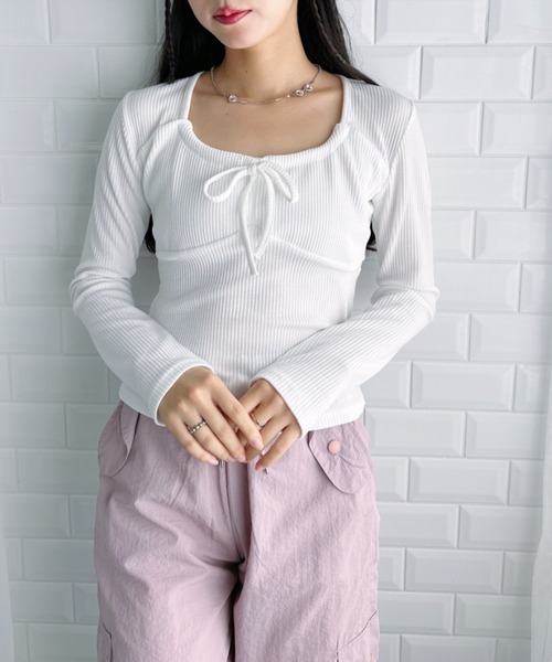 Loueme(ルエム)の「フロントリボンコルセットリブトップス(Tシャツ/カットソー・レディース・グレー/ホワイト/アイボリー/ピンク・FREE)」の11枚目の写真