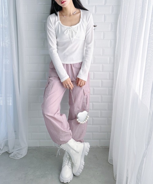 Loueme(ルエム)の「フロントリボンコルセットリブトップス(Tシャツ/カットソー・レディース・グレー/ホワイト/アイボリー/ピンク・FREE)」の14枚目の写真