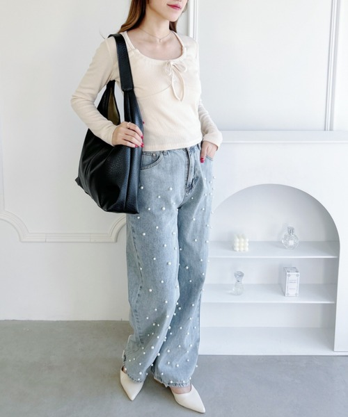 Loueme(ルエム)の「フロントリボンコルセットリブトップス(Tシャツ/カットソー・レディース・グレー/ホワイト/アイボリー/ピンク・FREE)」の19枚目の写真