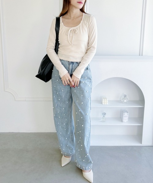 Loueme(ルエム)の「フロントリボンコルセットリブトップス(Tシャツ/カットソー・レディース・グレー/ホワイト/アイボリー/ピンク・FREE)」の17枚目の写真