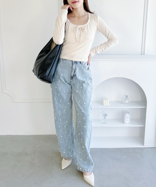 Loueme(ルエム)の「フロントリボンコルセットリブトップス(Tシャツ/カットソー・レディース・グレー/ホワイト/アイボリー/ピンク・FREE)」の18枚目の写真