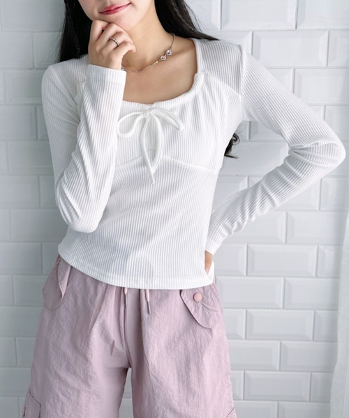 Loueme(ルエム)の「フロントリボンコルセットリブトップス(Tシャツ/カットソー・レディース・グレー/ホワイト/アイボリー/ピンク・FREE)」の10枚目の写真