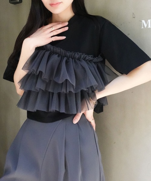 CORNERS(コーナーズ)の「チュールフリルドッキングTシャツ(Tシャツ/カットソー・レディース・ホワイト×ブラック/ホワイト系その他/ブラック×ホワイト/ブラック×グレー・M)」の1枚目の写真