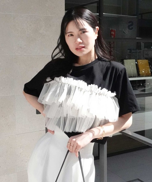 CORNERS(コーナーズ)の「チュールフリルドッキングTシャツ(Tシャツ/カットソー・レディース・ホワイト×ブラック/ホワイト系その他/ブラック×ホワイト/ブラック×グレー・M)」の10枚目の写真