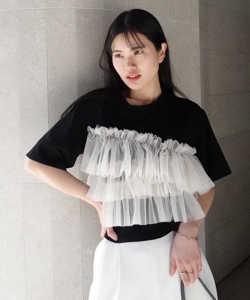 CORNERS(コーナーズ)の「チュールフリルドッキングTシャツ(Tシャツ/カットソー・レディース・ホワイト×ブラック/ホワイト系その他/ブラック×ホワイト/ブラック×グレー・M)」の11枚目の写真