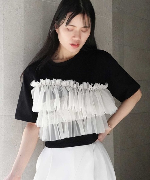 CORNERS(コーナーズ)の「チュールフリルドッキングTシャツ(Tシャツ/カットソー・レディース・ホワイト×ブラック/ホワイト系その他/ブラック×ホワイト/ブラック×グレー・M)」の12枚目の写真