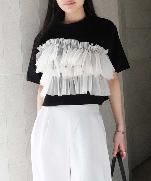CORNERS(コーナーズ)の「チュールフリルドッキングTシャツ(Tシャツ/カットソー・レディース・ホワイト×ブラック/ホワイト系その他/ブラック×ホワイト/ブラック×グレー・M)」の13枚目の写真